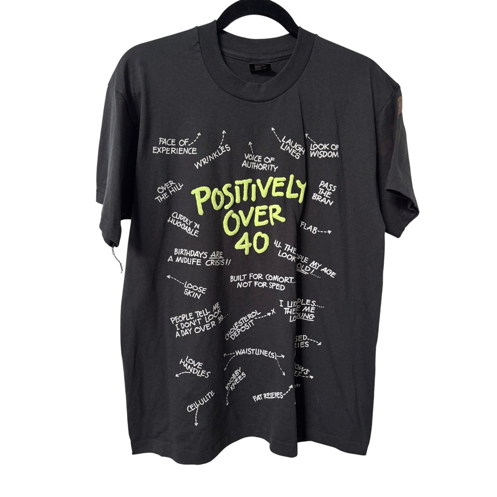 Vintage Fruit of the Loom Best Positively Over 40 T-Shirt Black Single Stitch L